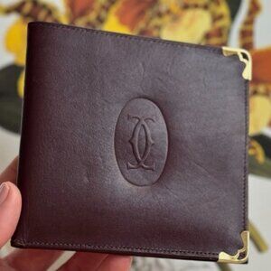 Vintage Leather Bi-Fold Wallet Double C Style Gold Corner Hardware Brown